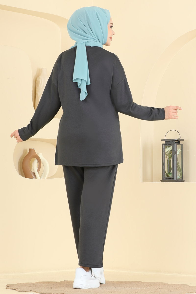 Side-Slit Modal Two-Piece Set with Trousers - Charcoal