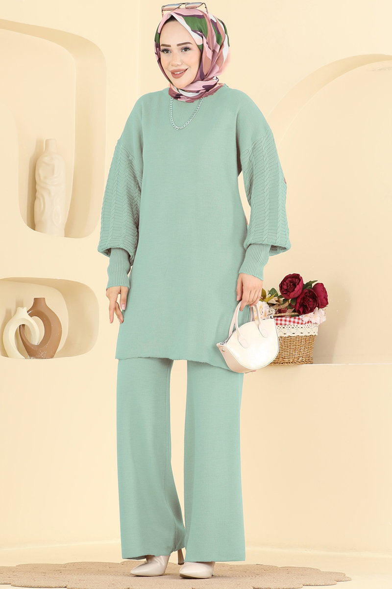 Two-Piece Knit Set with Side Slits - Mint