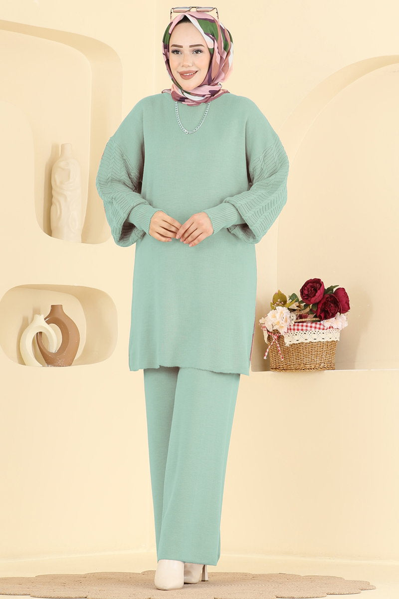 Two-Piece Knit Set with Side Slits - Mint