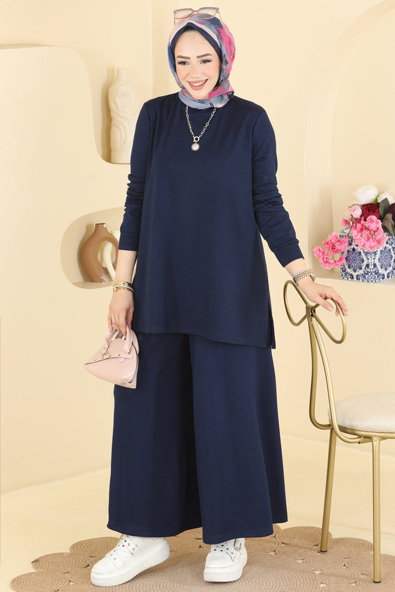 Side-Slit Modal Two-Piece Set - Navy