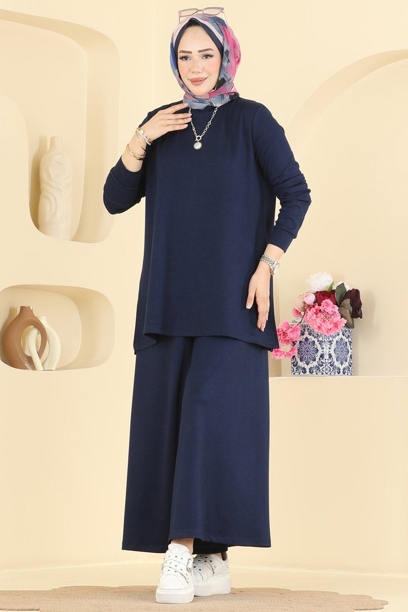 Side-Slit Modal Two-Piece Set - Navy