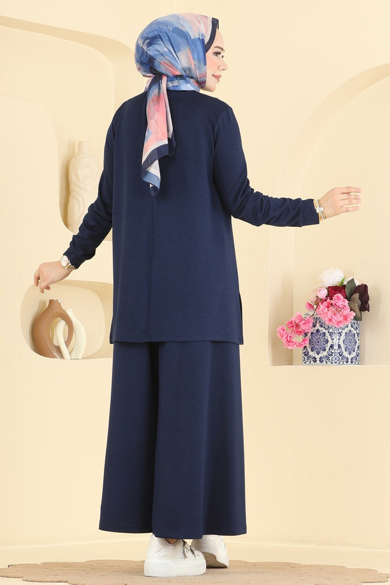 Side-Slit Modal Two-Piece Set - Navy