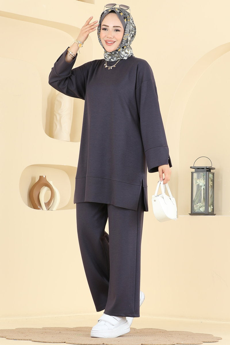 Modal Two-Piece Set with Side Slits - Charcoal