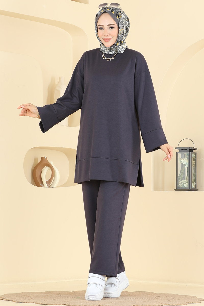 Modal Two-Piece Set with Side Slits - Charcoal