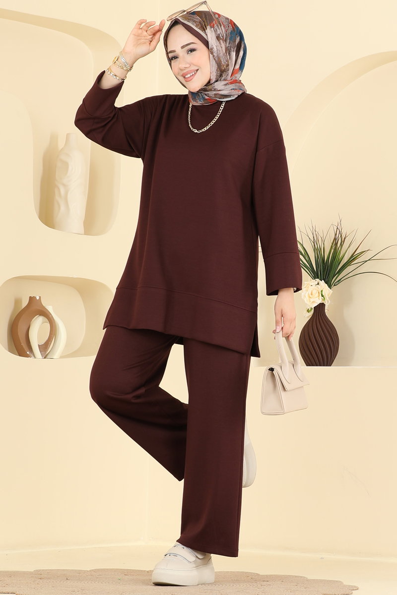 Modal Two-Piece Set with Side Slits - Brown
