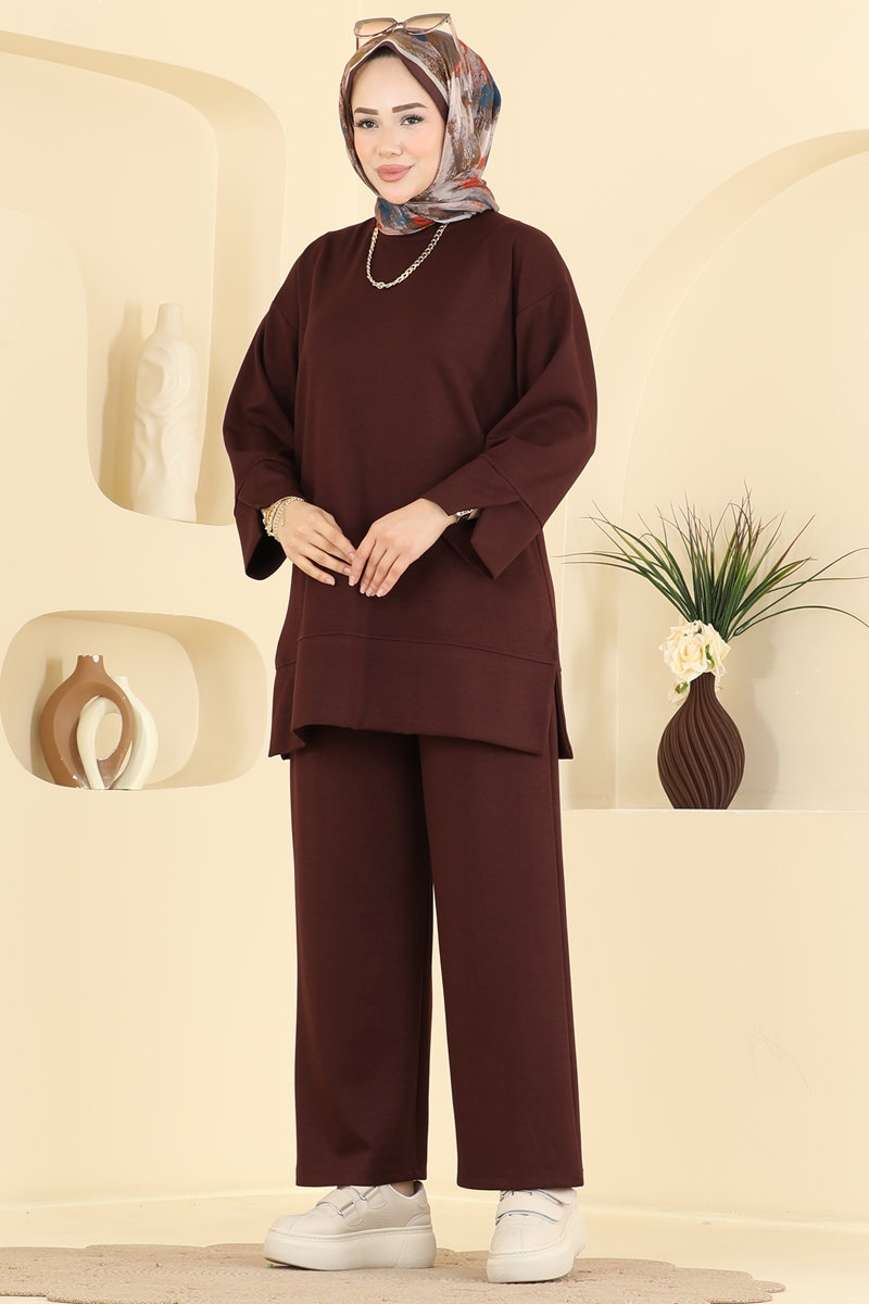 Modal Two-Piece Set with Side Slits - Brown