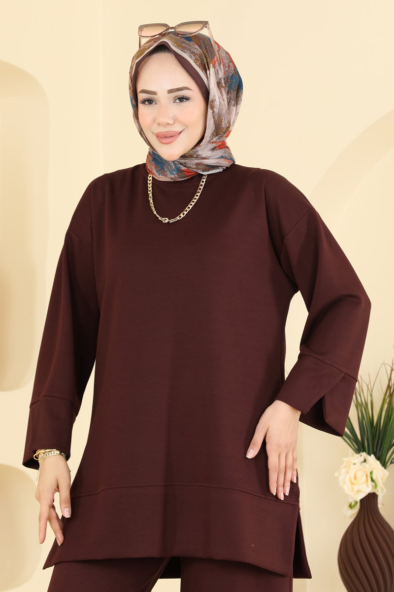Modal Two-Piece Set with Side Slits - Brown