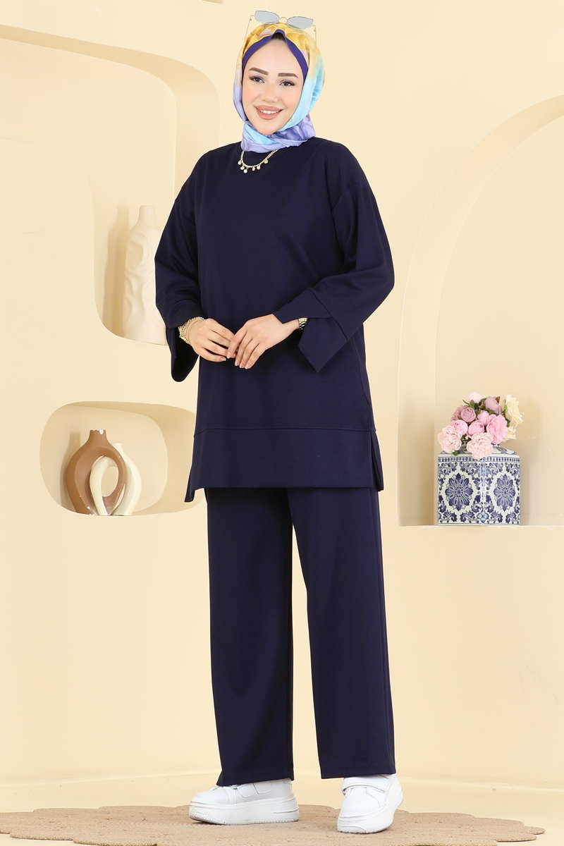 Modal Two-Piece Set with Side Slits - Navy