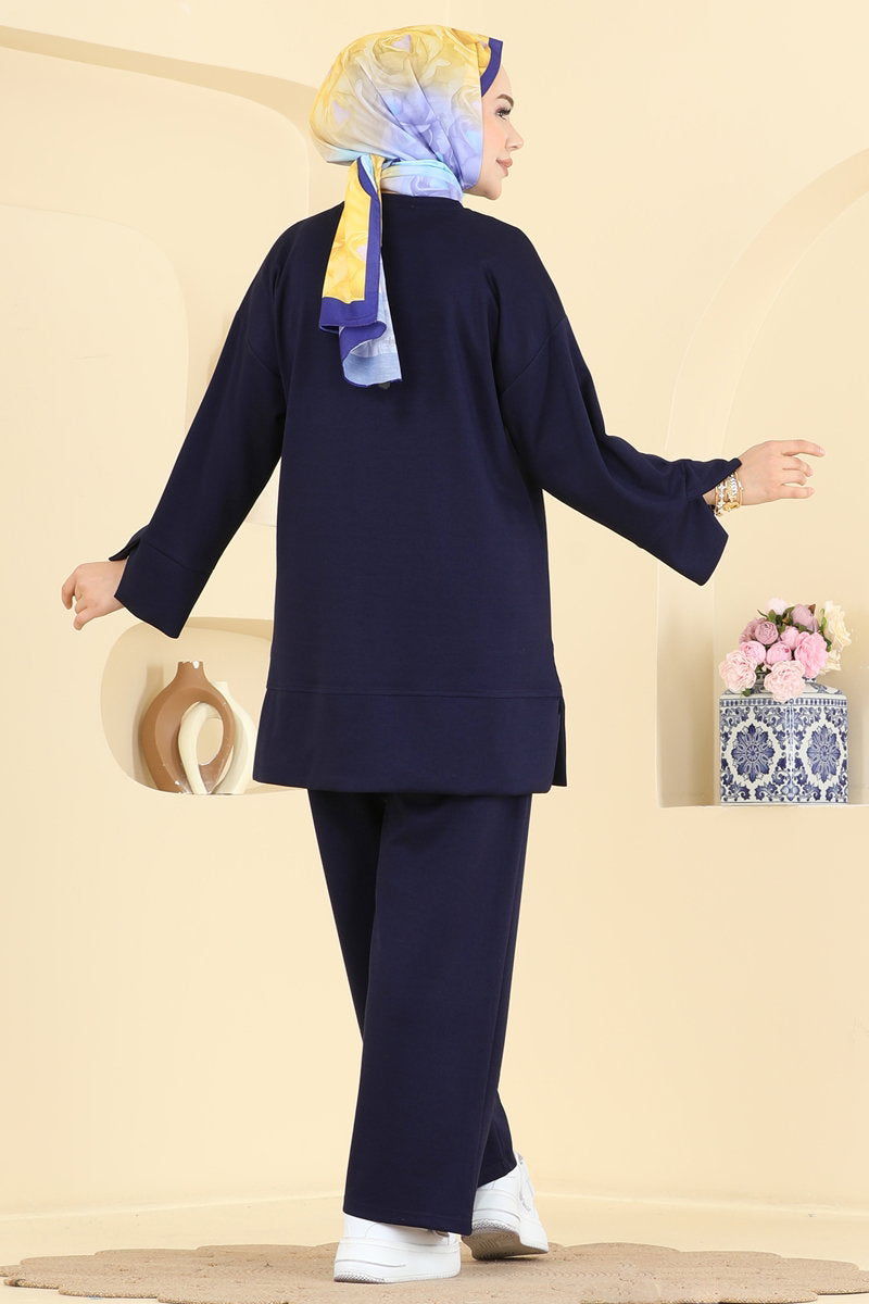 Modal Two-Piece Set with Side Slits - Navy