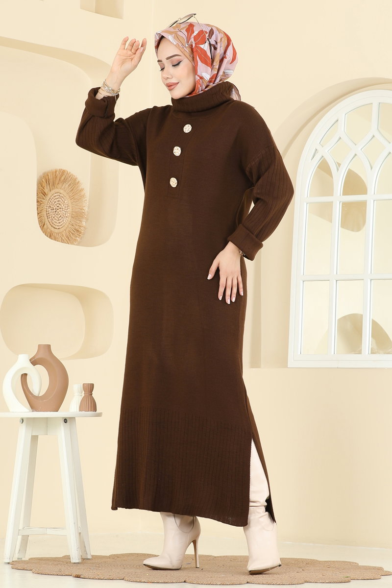 Knit Tunic with Side Slit - Brown