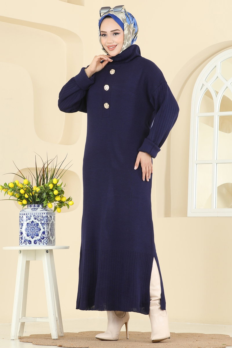 Knit Tunic with Side Slit - Navy