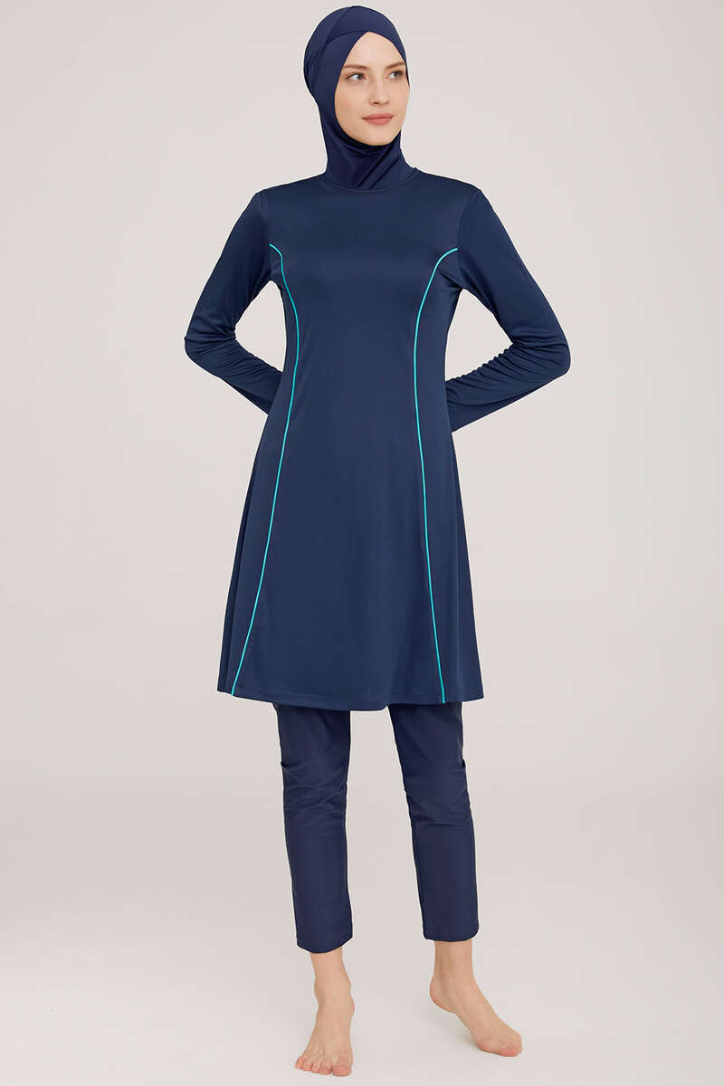 Modest Swimsuit with Side Stripe - Light Navy