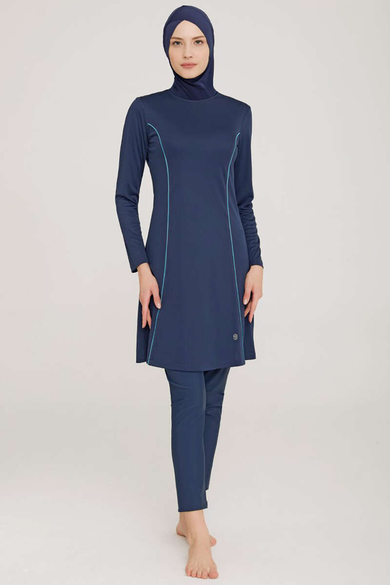 Modest Swimsuit with Side Stripe - Light Navy