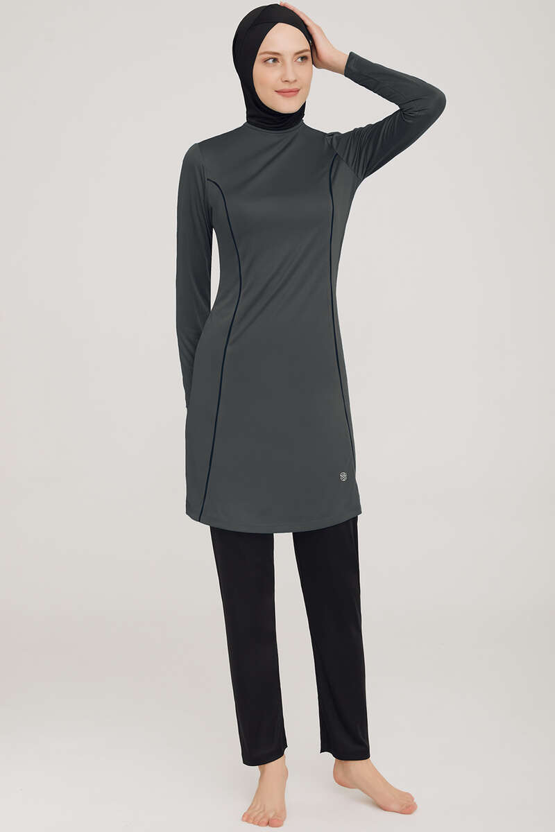 Modest Swimsuit with Side Stripe - Charcoal