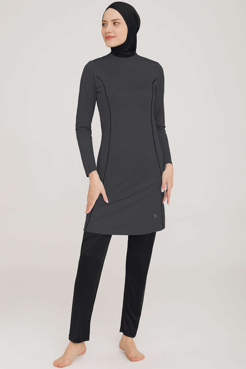 Modest Swimsuit with Side Stripe - Charcoal