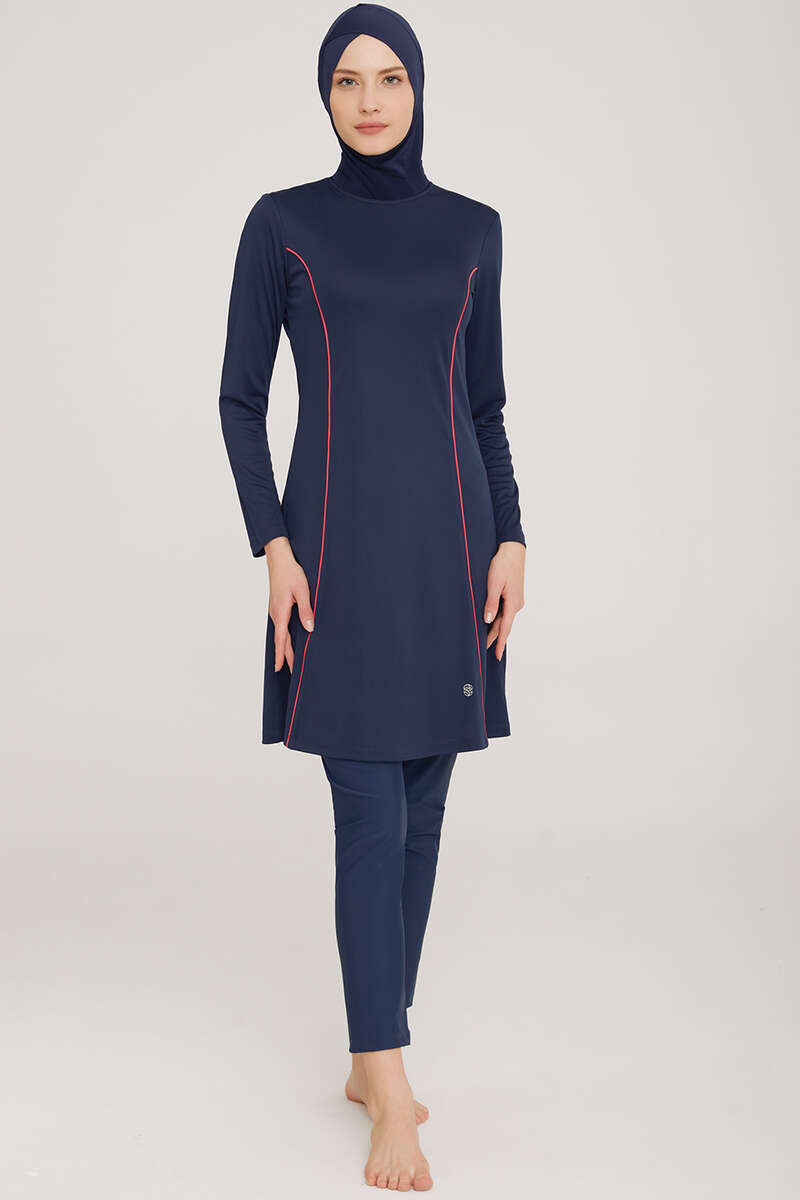 Modest Swimsuit with Side Stripe - Dark Navy
