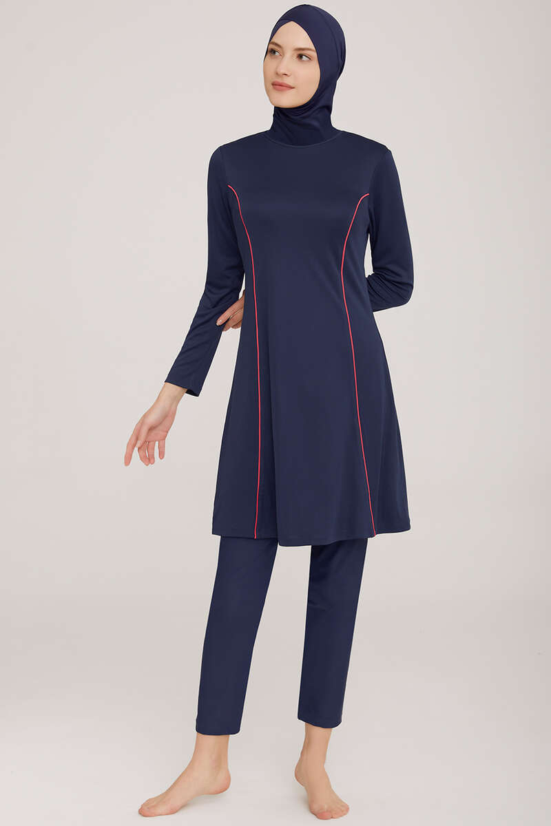 Modest Swimsuit with Side Stripe - Dark Navy