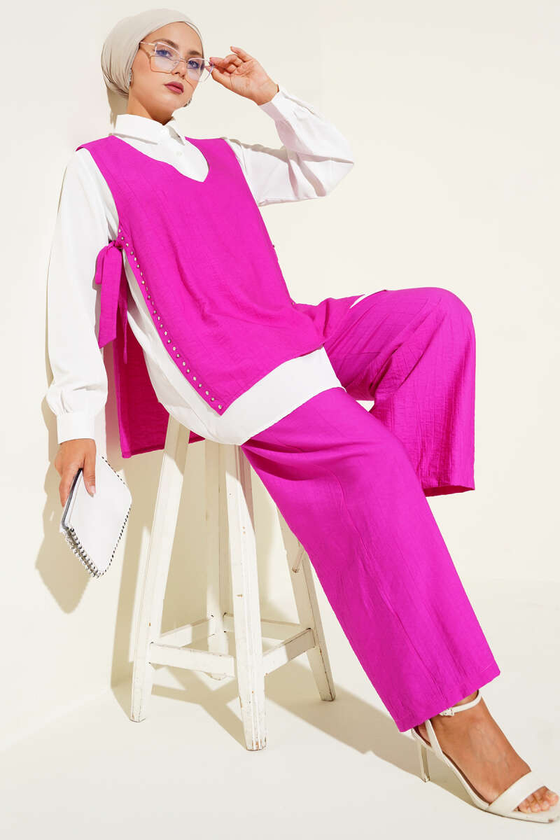 Three-Piece Set with Side Ties - Fuchsia