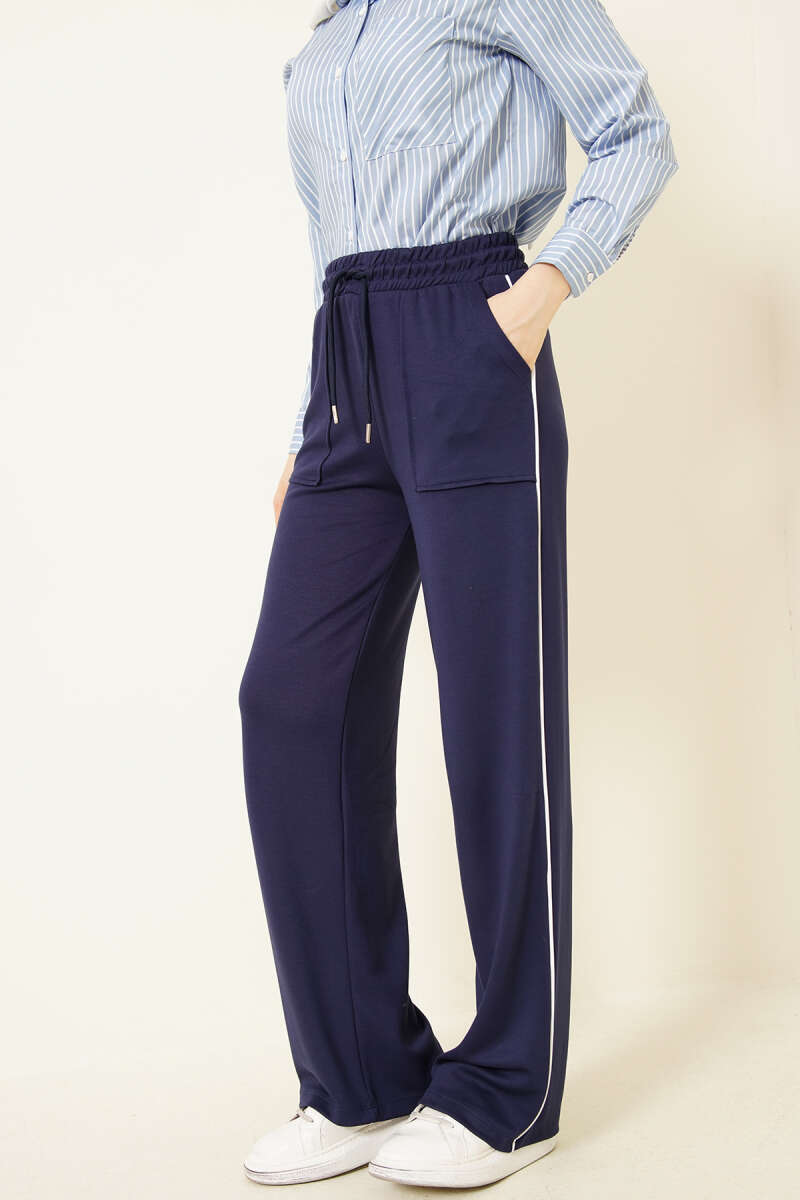 Loycha Pants with Side Piping and Elastic Waist - Navy