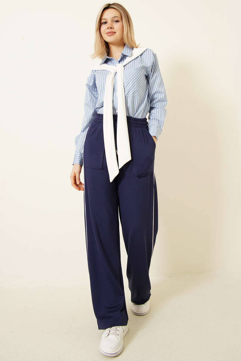 Loycha Pants with Side Piping and Elastic Waist - Navy