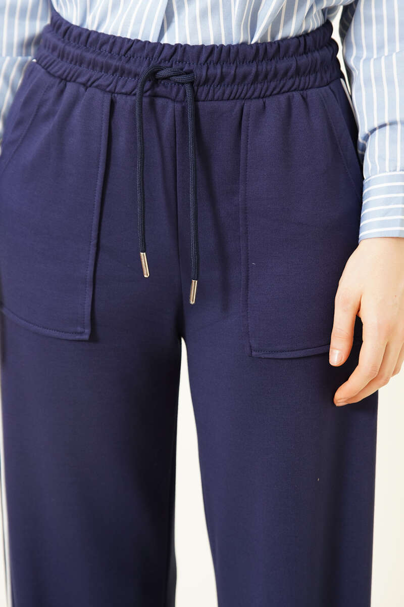 Loycha Pants with Side Piping and Elastic Waist - Navy