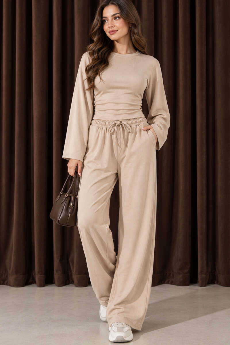 Two-Piece Set with Ruched Sides - Beige