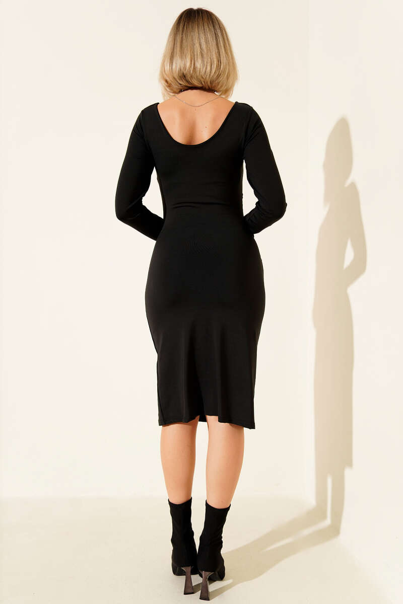 Long-Sleeve Midi Dress with Ruched Sides - Black