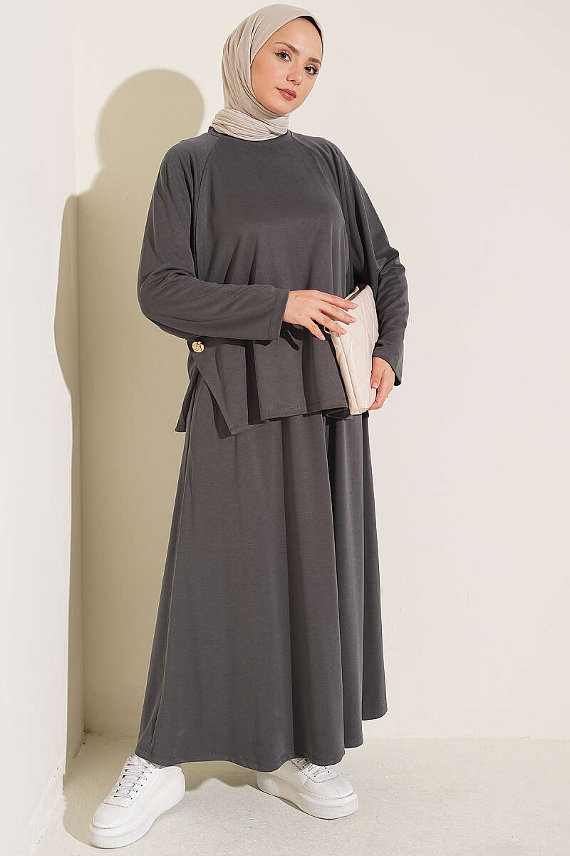 Two-Piece Skirt Set with Side Buttons - Smoke Grey