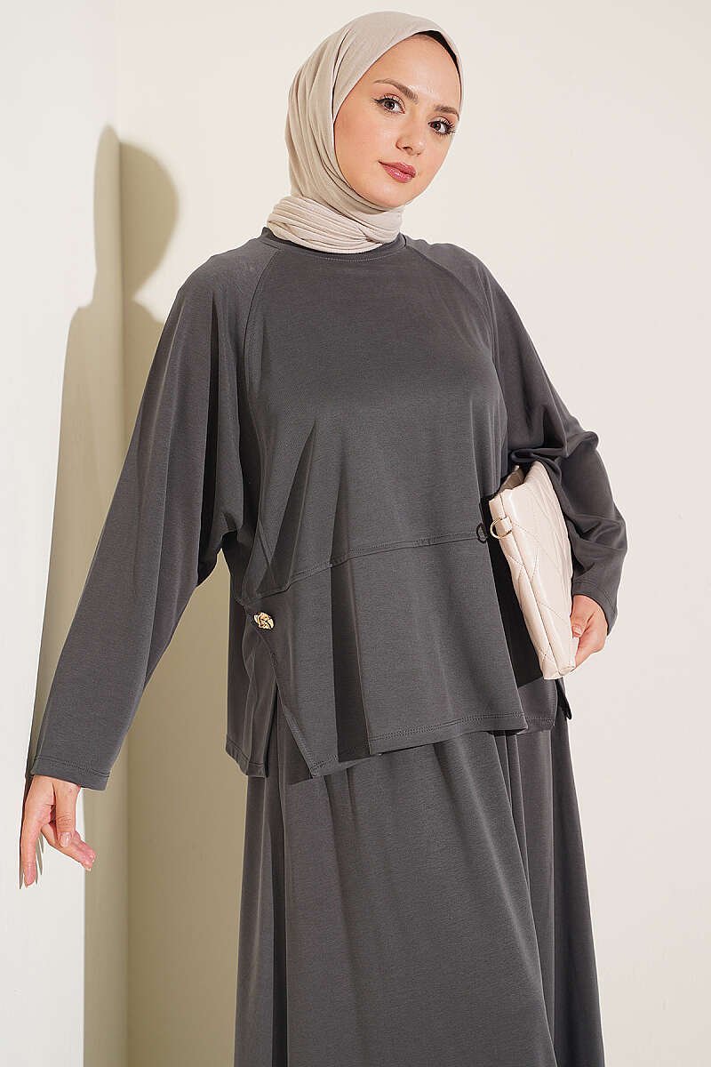 Two-Piece Skirt Set with Side Buttons - Smoke Grey