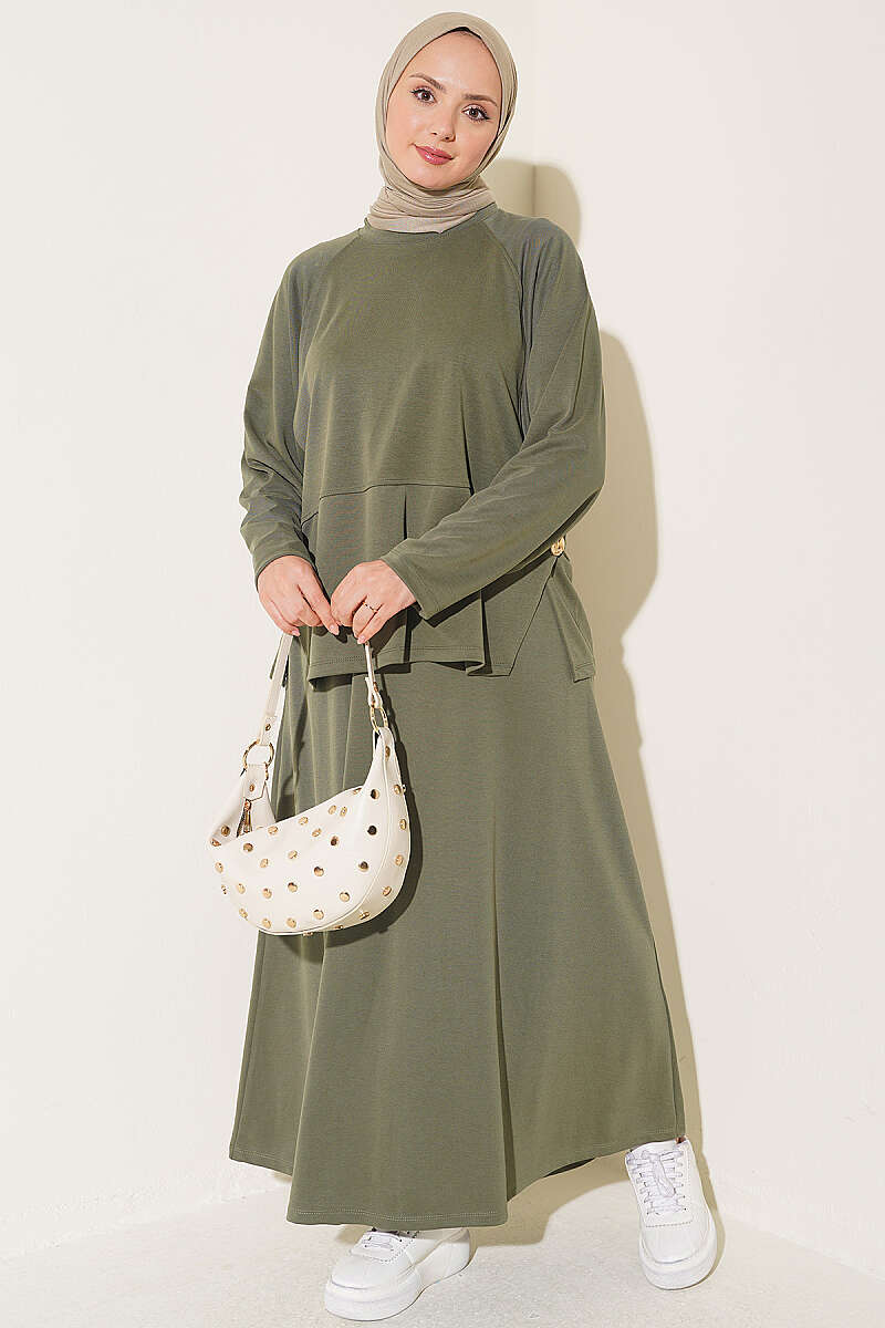 Two-Piece Skirt Set with Side Buttons - Khaki