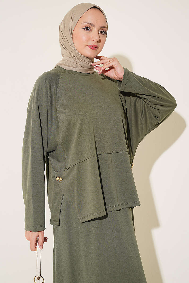 Two-Piece Skirt Set with Side Buttons - Khaki
