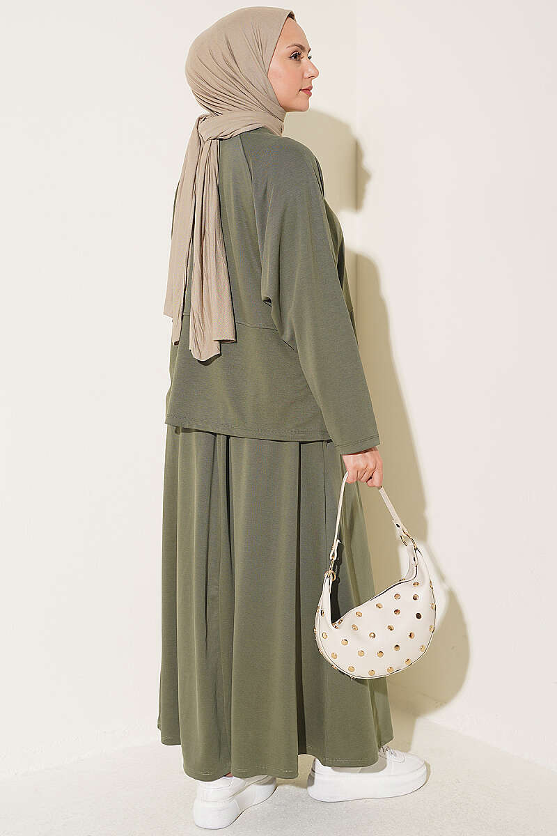 Two-Piece Skirt Set with Side Buttons - Khaki