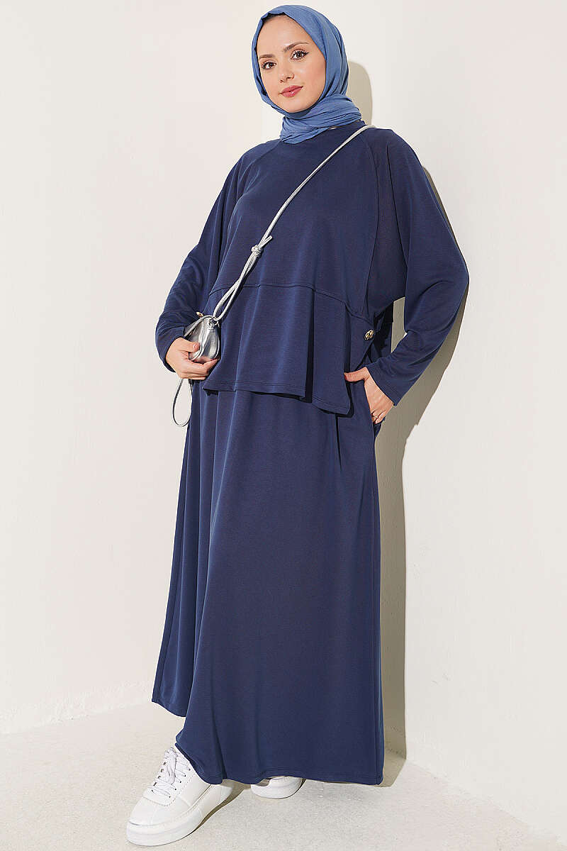 Two-Piece Skirt Set with Side Buttons - Navy