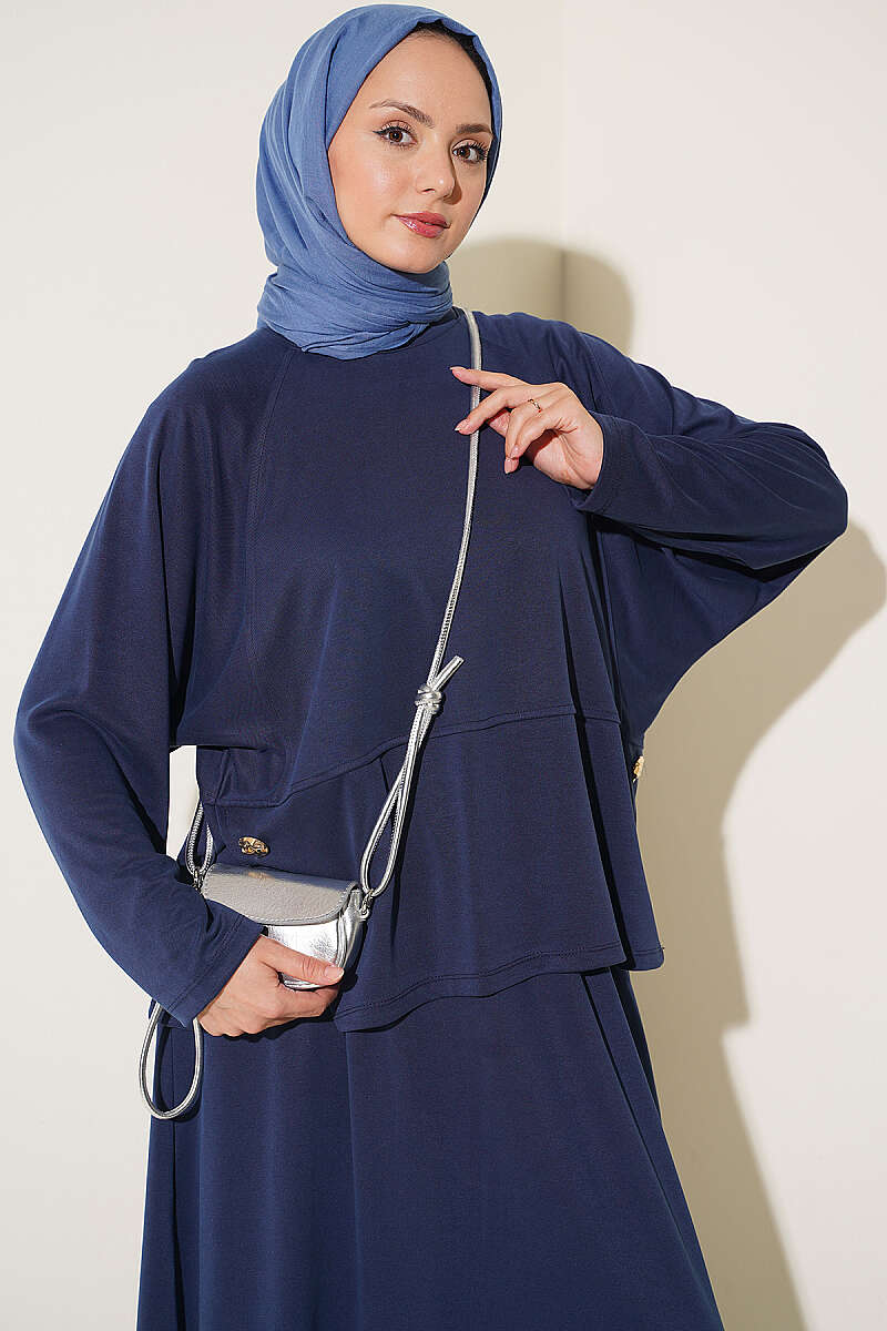 Two-Piece Skirt Set with Side Buttons - Navy