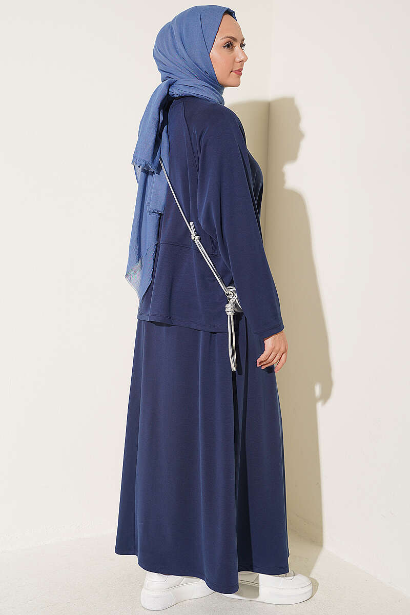 Two-Piece Skirt Set with Side Buttons - Navy