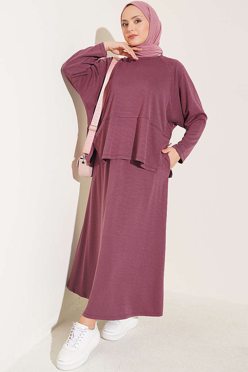 Two-Piece Skirt Set with Side Buttons - Plum