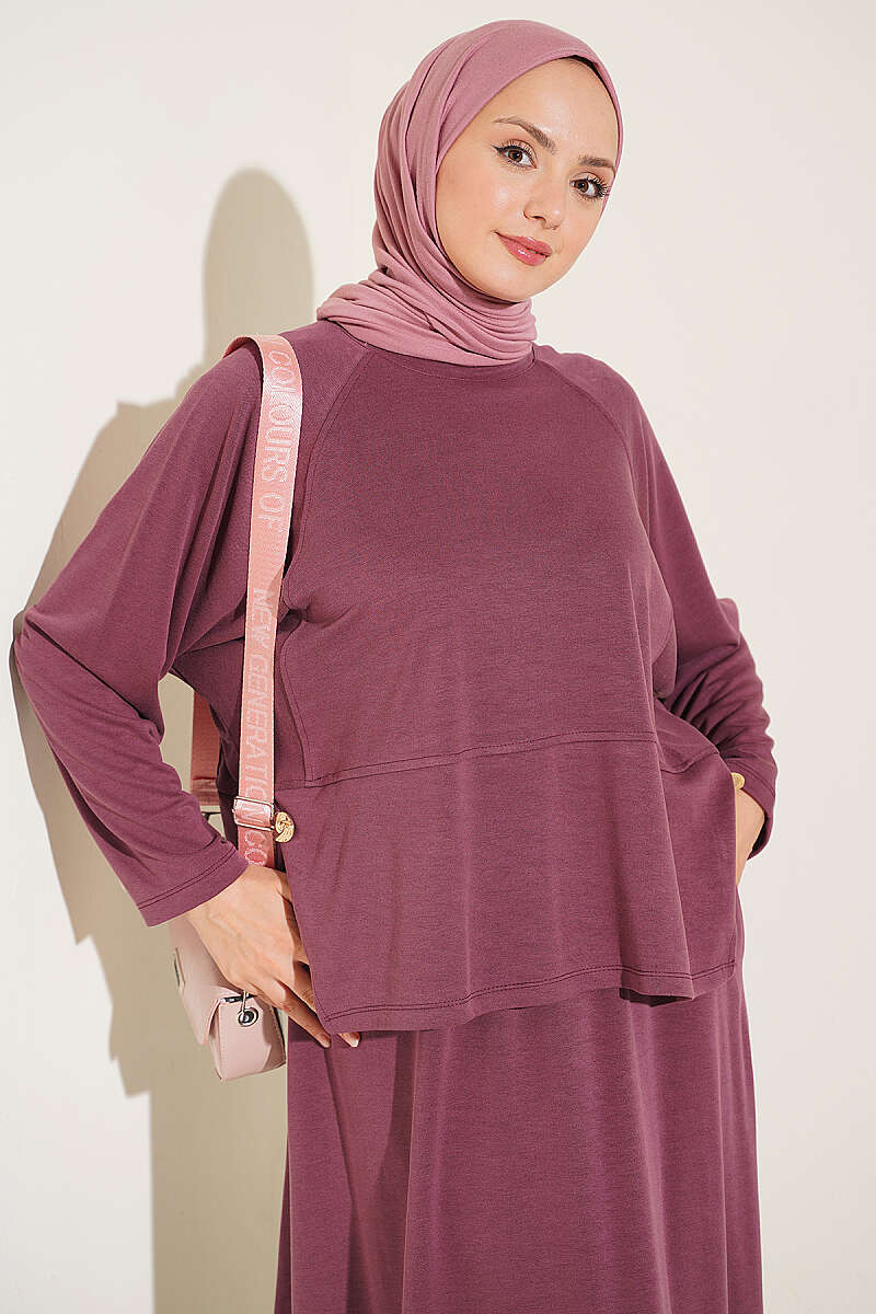 Two-Piece Skirt Set with Side Buttons - Plum