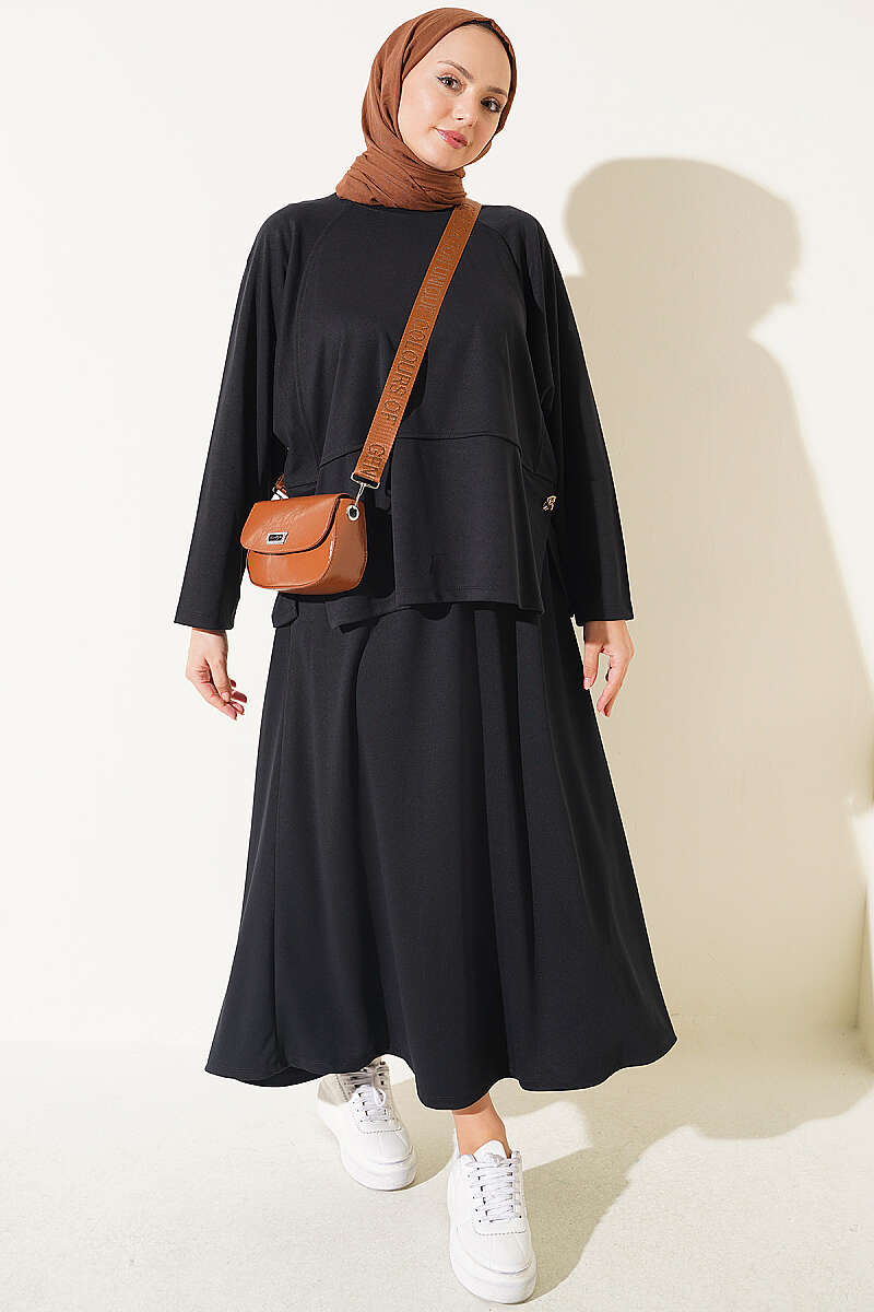 Two-Piece Skirt Set with Side Buttons - Black