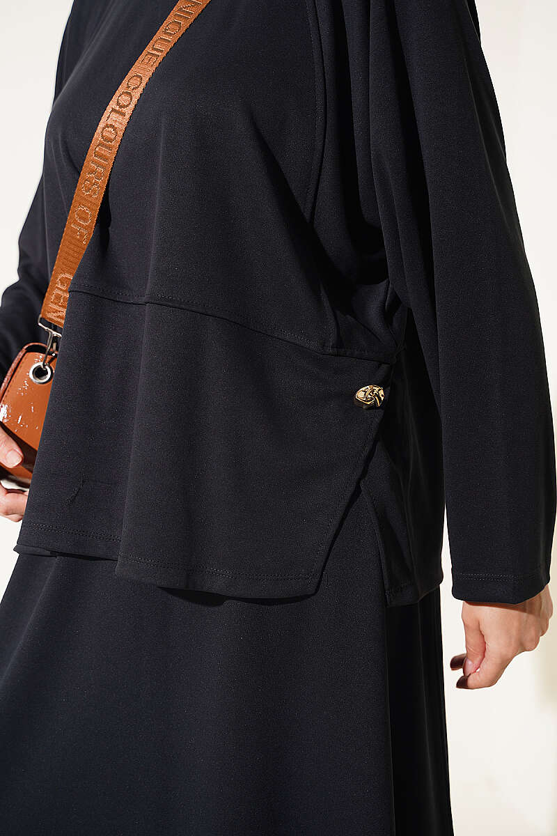 Two-Piece Skirt Set with Side Buttons - Black