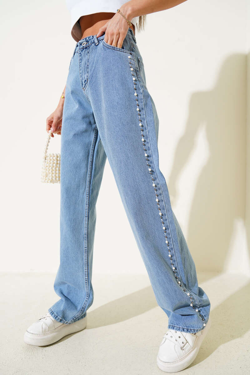 Wide-Leg Jeans with Pearl Sides - Blue
