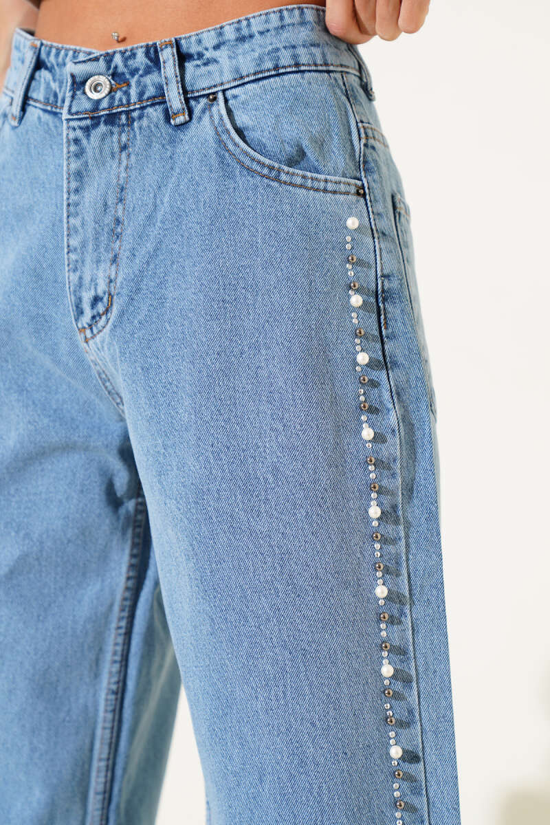 Wide-Leg Jeans with Pearl Sides - Blue