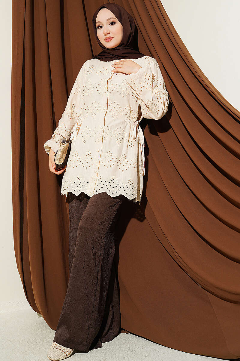 Embroidered Shirt with Side Ties - Beige