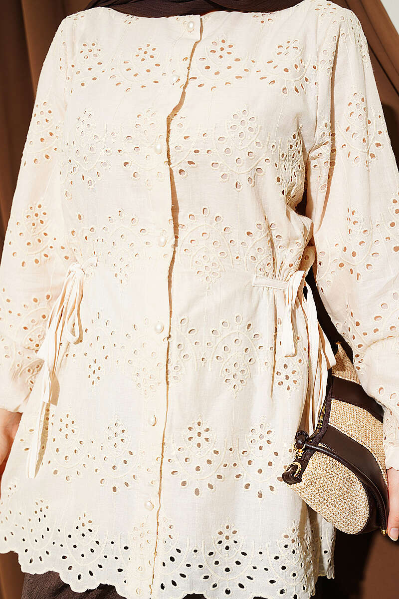 Embroidered Shirt with Side Ties - Beige