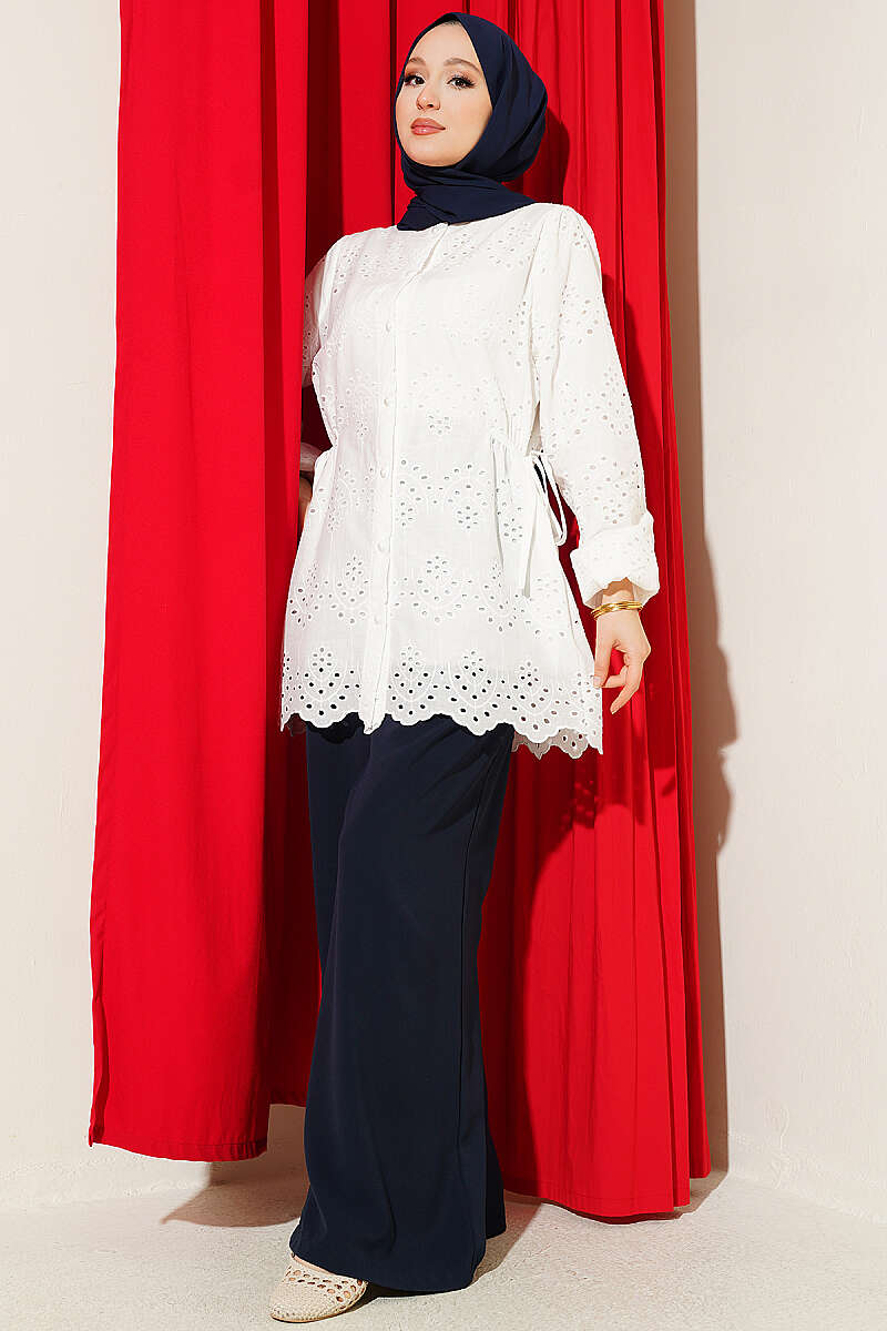 Embroidered Shirt with Side Ties - Ecru