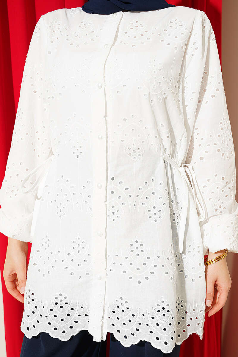 Embroidered Shirt with Side Ties - Ecru