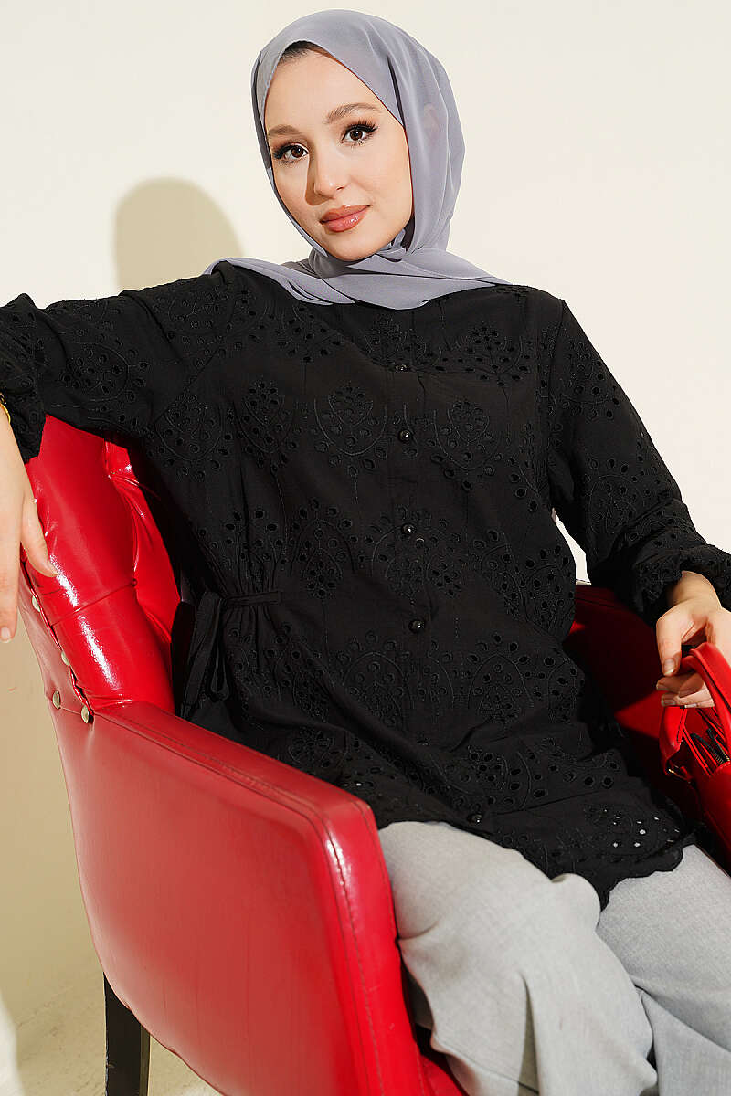 Embroidered Shirt with Side Ties - Black