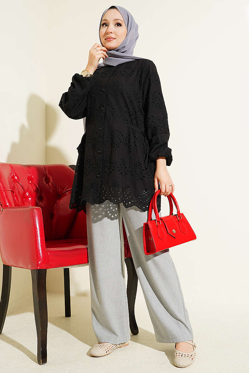 Embroidered Shirt with Side Ties - Black