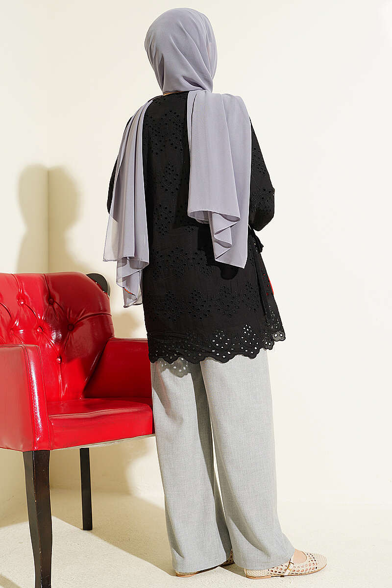 Embroidered Shirt with Side Ties - Black