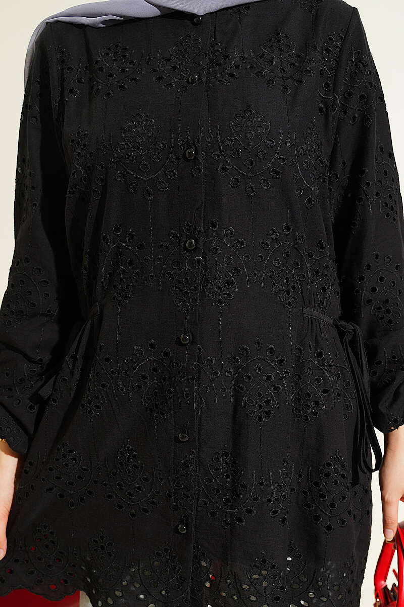 Embroidered Shirt with Side Ties - Black