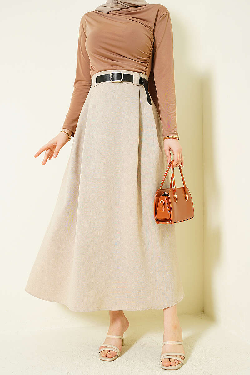 Belted Flared Skirt with Side Darts - Beige